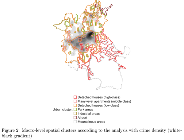 Map of Almaty showing crime density as a grey gradient over outlined urban clusters: detached housing, apartment blocks, parks and industrial areas